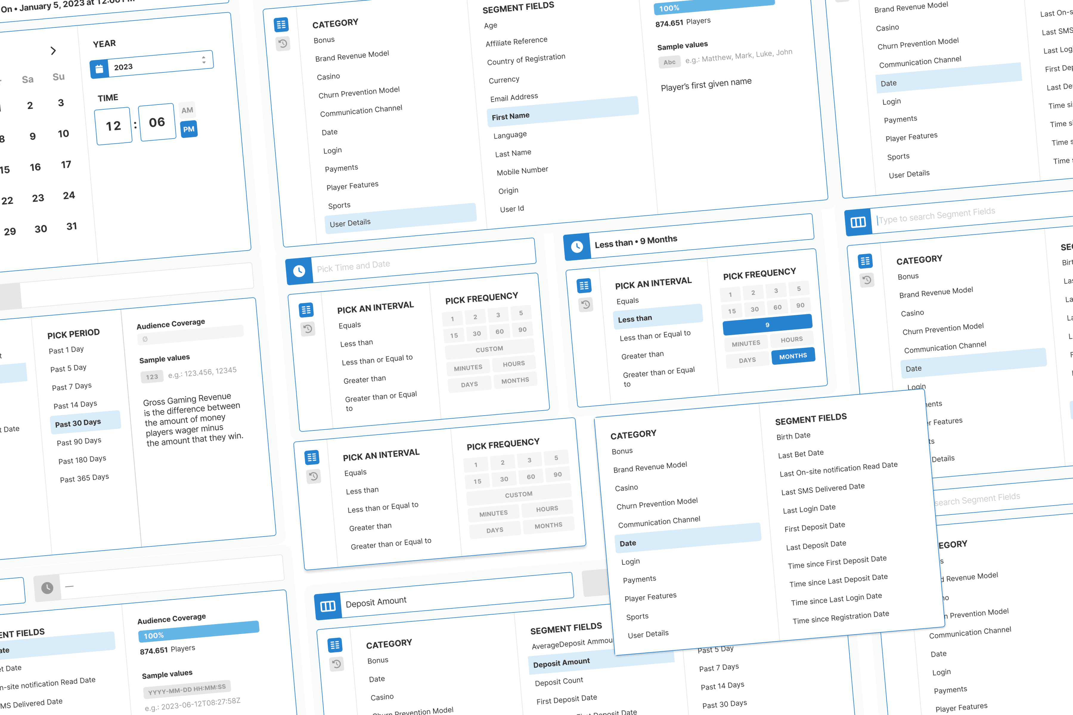 Advanced dropdown builder interface showing category selection and field metadata