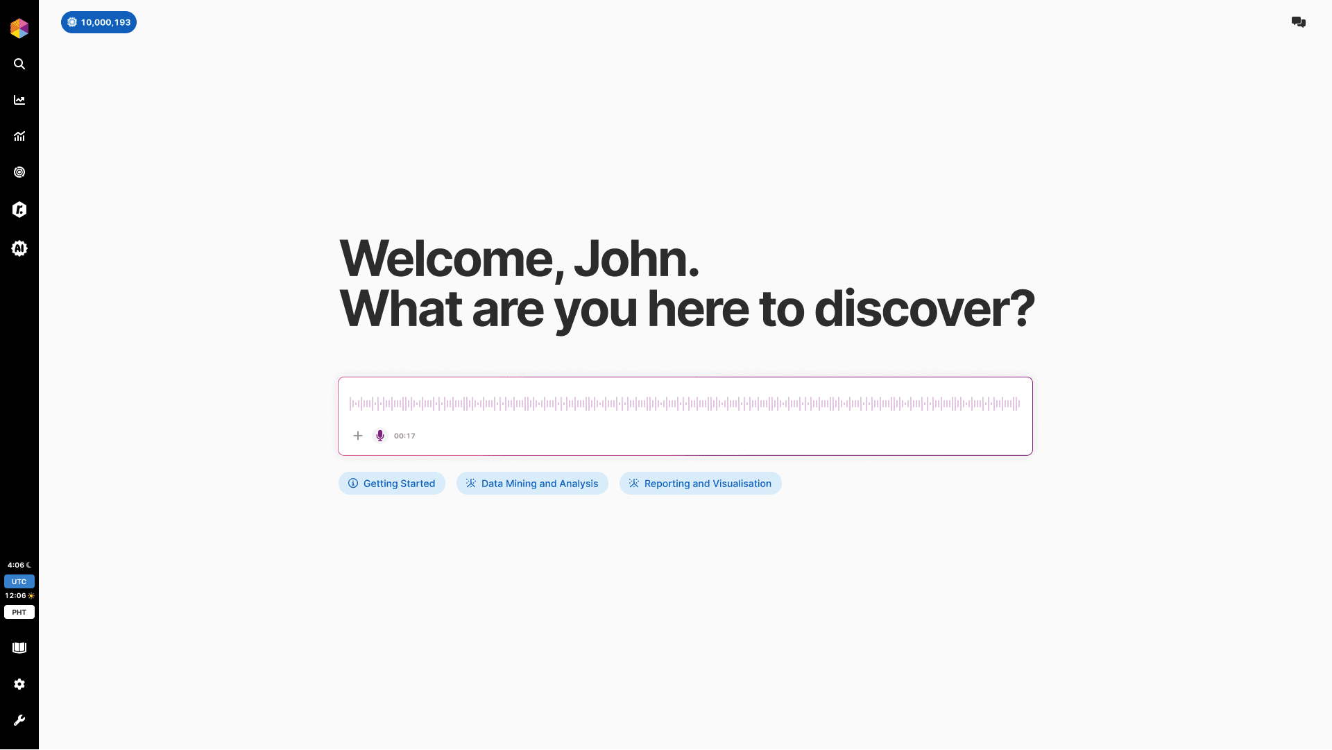 Fast Track AI welcome interface showing input field with attachment and microphone icons, plus capability chips