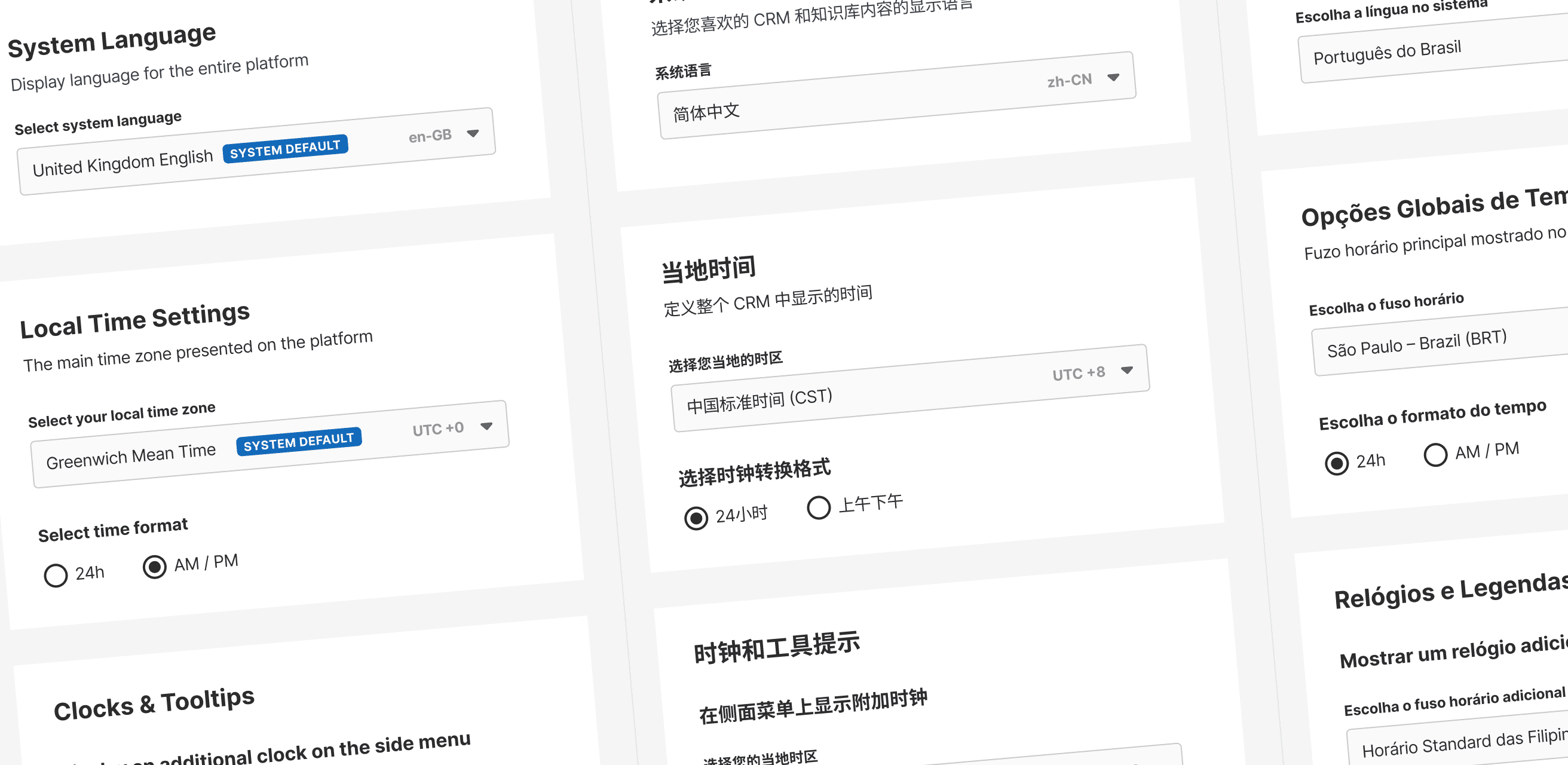 Localization settings interface showing language and timezone configuration options