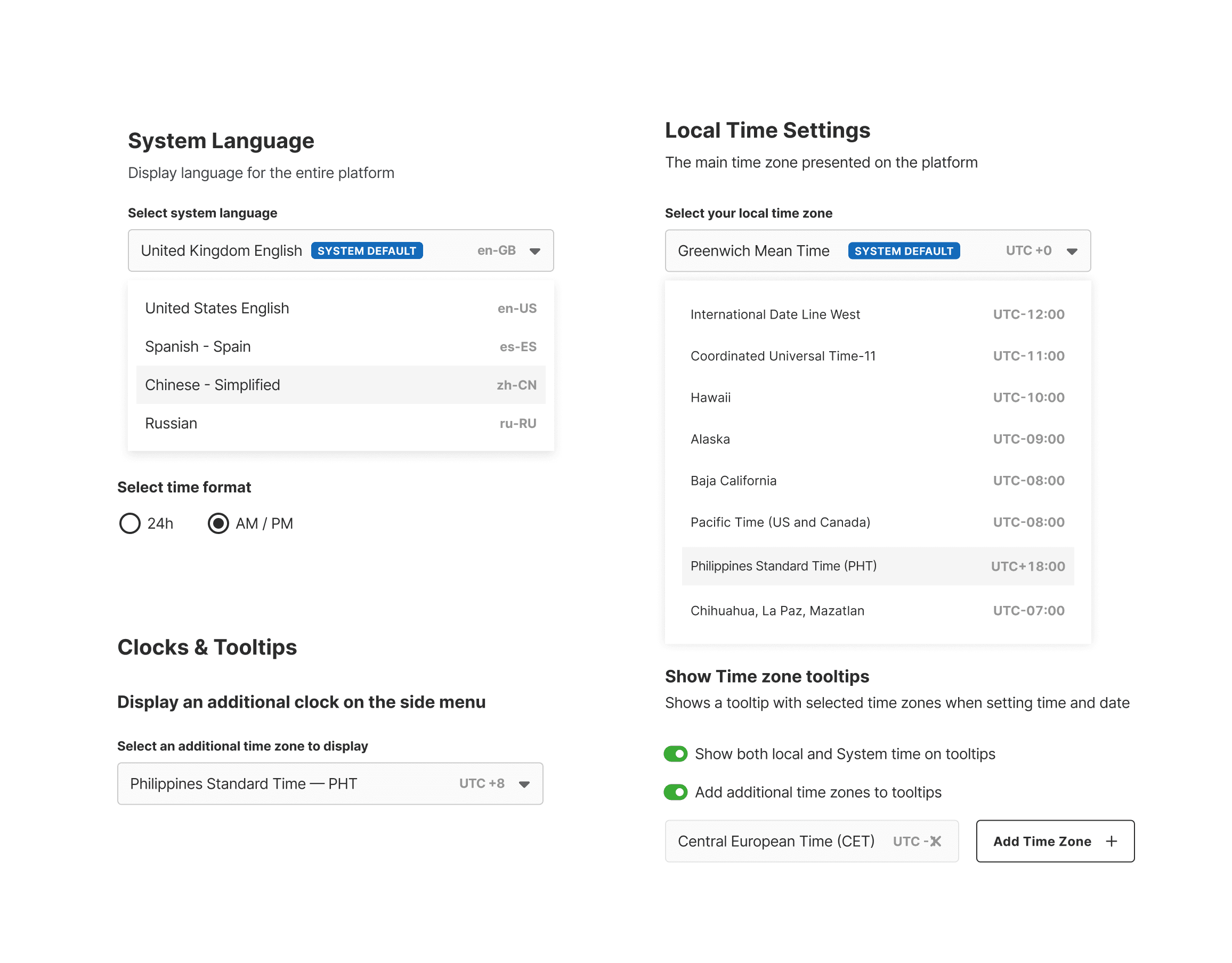Localization settings interface showing language and timezone configuration options