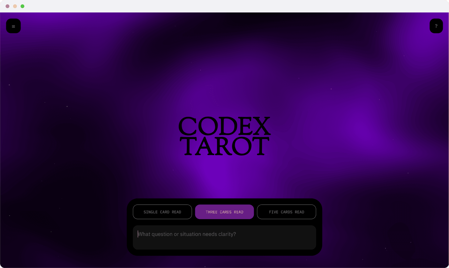 Codex Tarot landing page with purple atmospheric fog background, spread selection buttons, and question input field