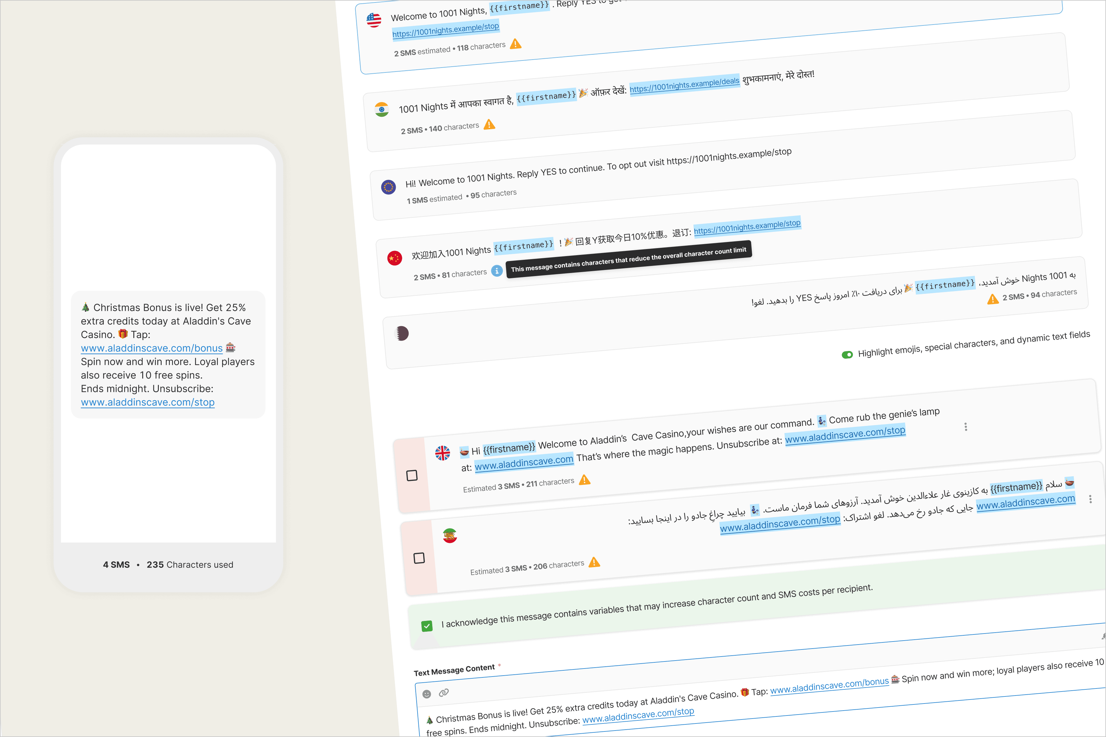 SMS composer interface showing character count, encoding warnings, and mobile preview