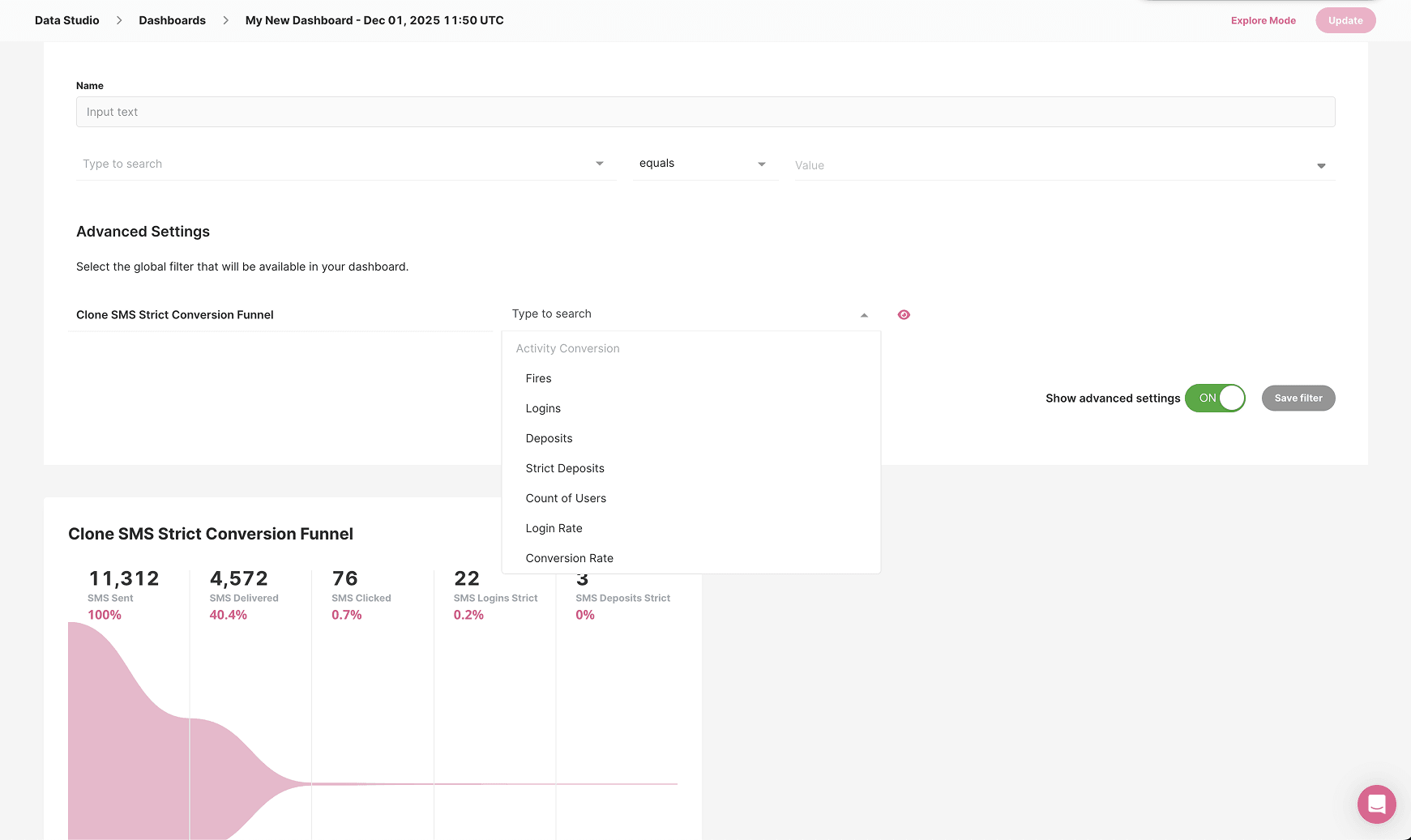 Data Studio dashboard builder showing advanced settings, conversion funnels, and multiple filter dropdowns with metrics like SMS Sent, SMS Delivered, SMS Clicked