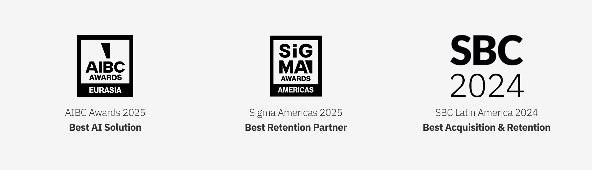 Three industry award badges from AIBC, SBC Latin America, and SiGMA Americas