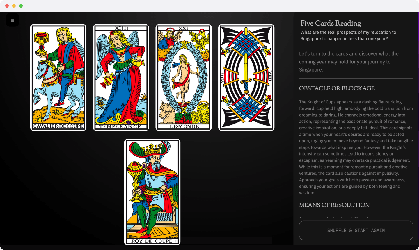 Mobile three-card reading showing Eight of Pentacles, Knight of Wands, and The Devil with interpretation text