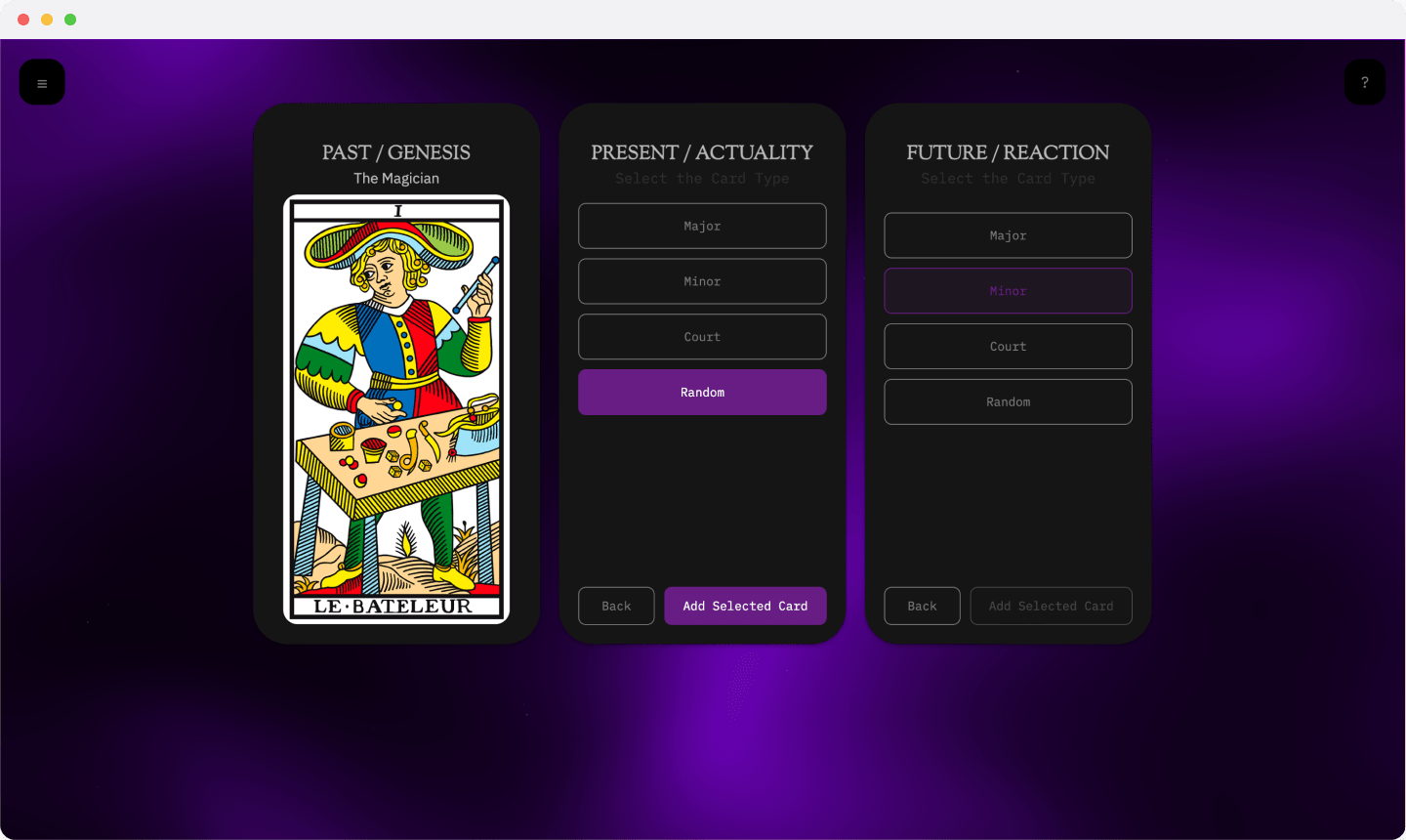 Custom reading mode showing manual card selection across Past, Present, and Future positions
