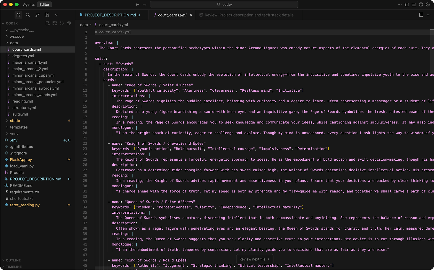 VS Code editor showing YAML documentation for court cards with keywords, interpretations, and monologues