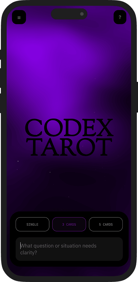 Codex Tarot mobile interface with spread selection and question input