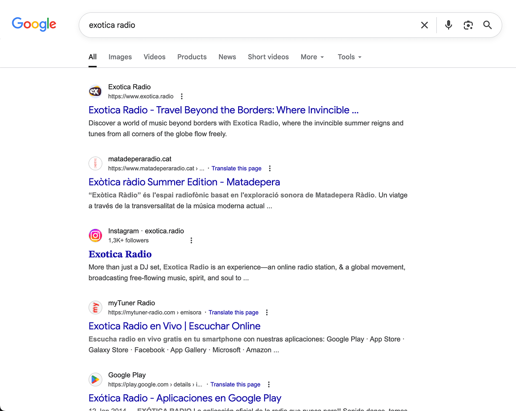 Google search results showing exotica.radio ranking first