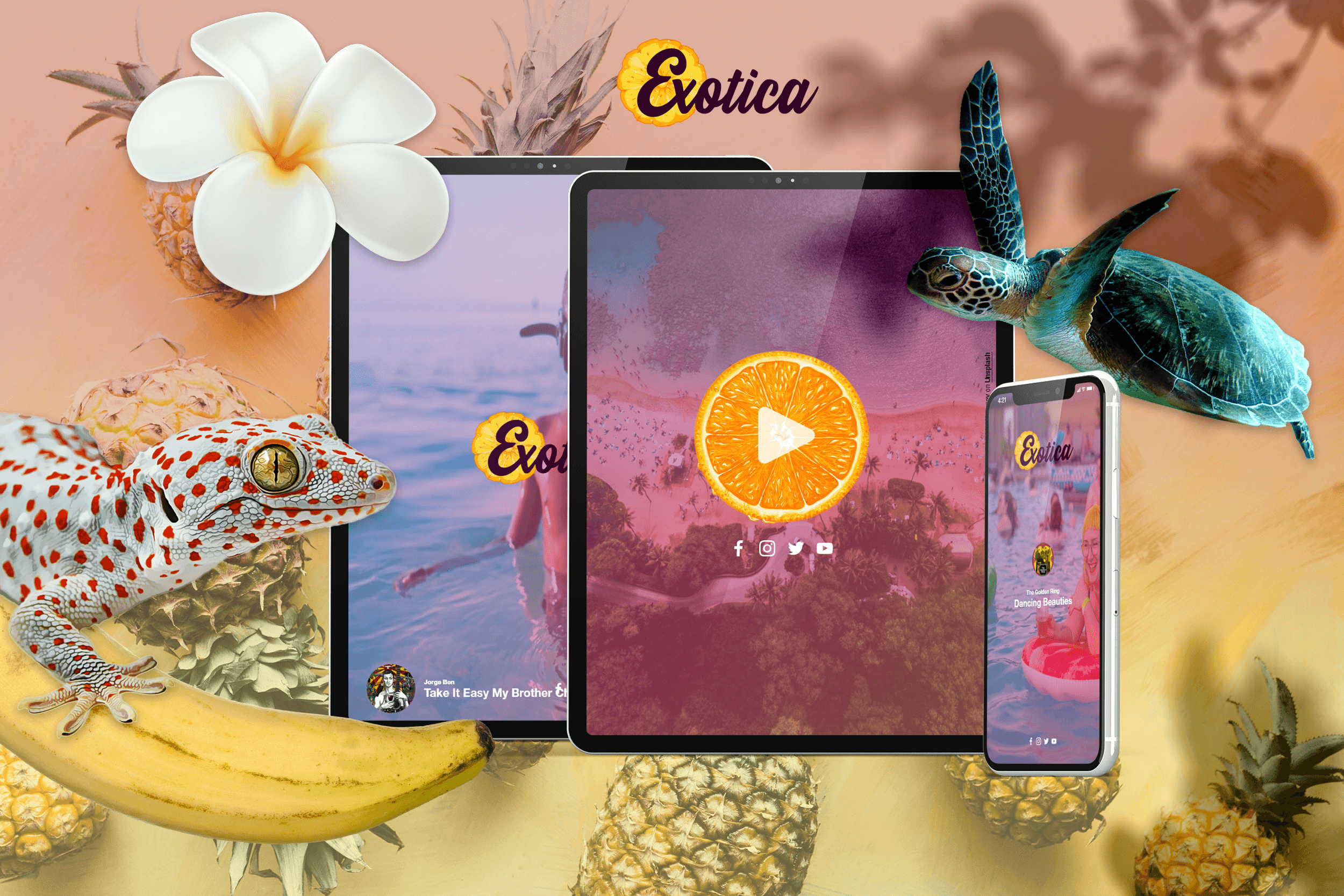 Exotica Radio interface showing play button with rotating travel photography background