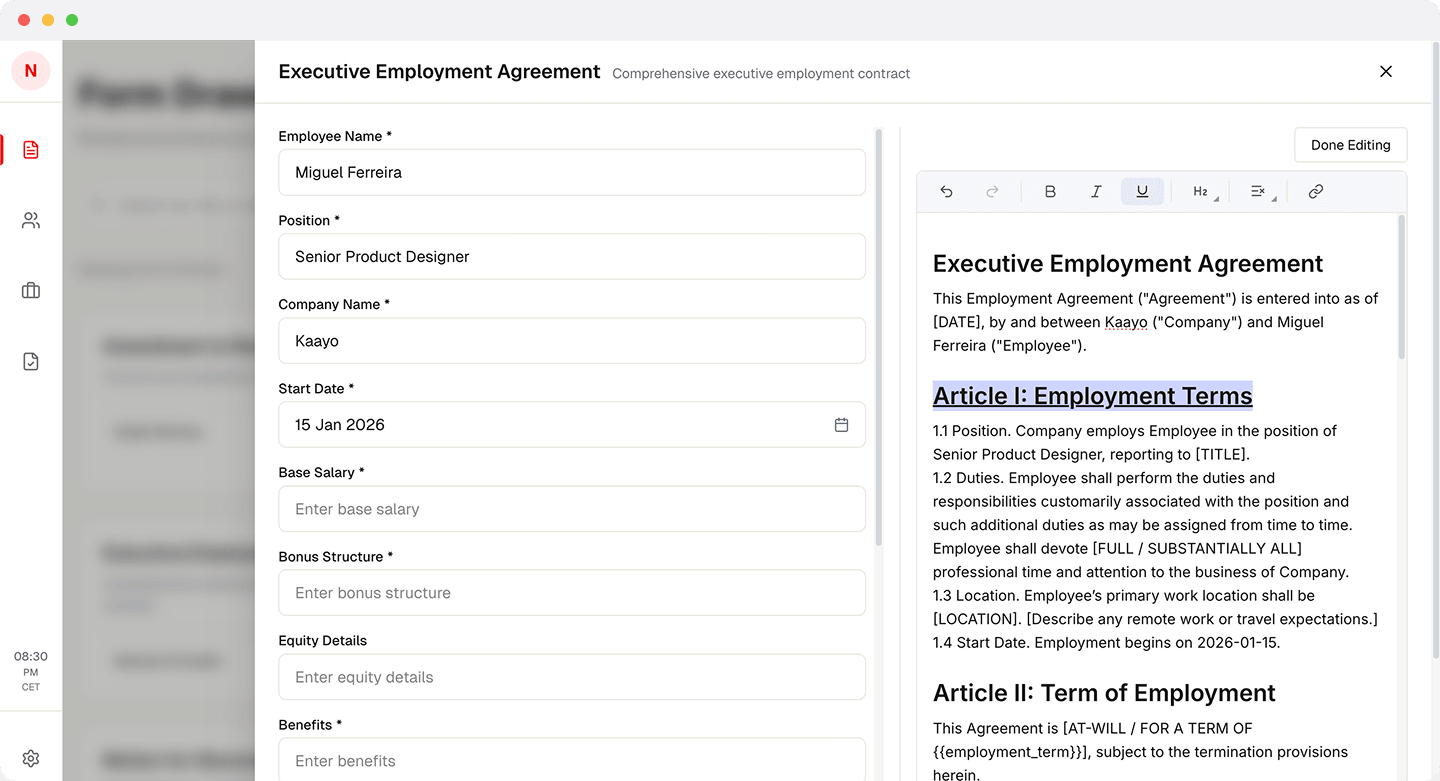 Professional text editor showing employment agreement with variable substitution