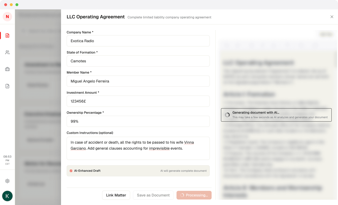 AI processing indicator showing document generation in progress