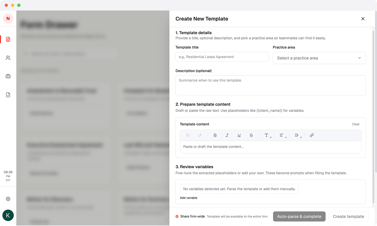 Template creation interface with variable detection and firm-wide sharing