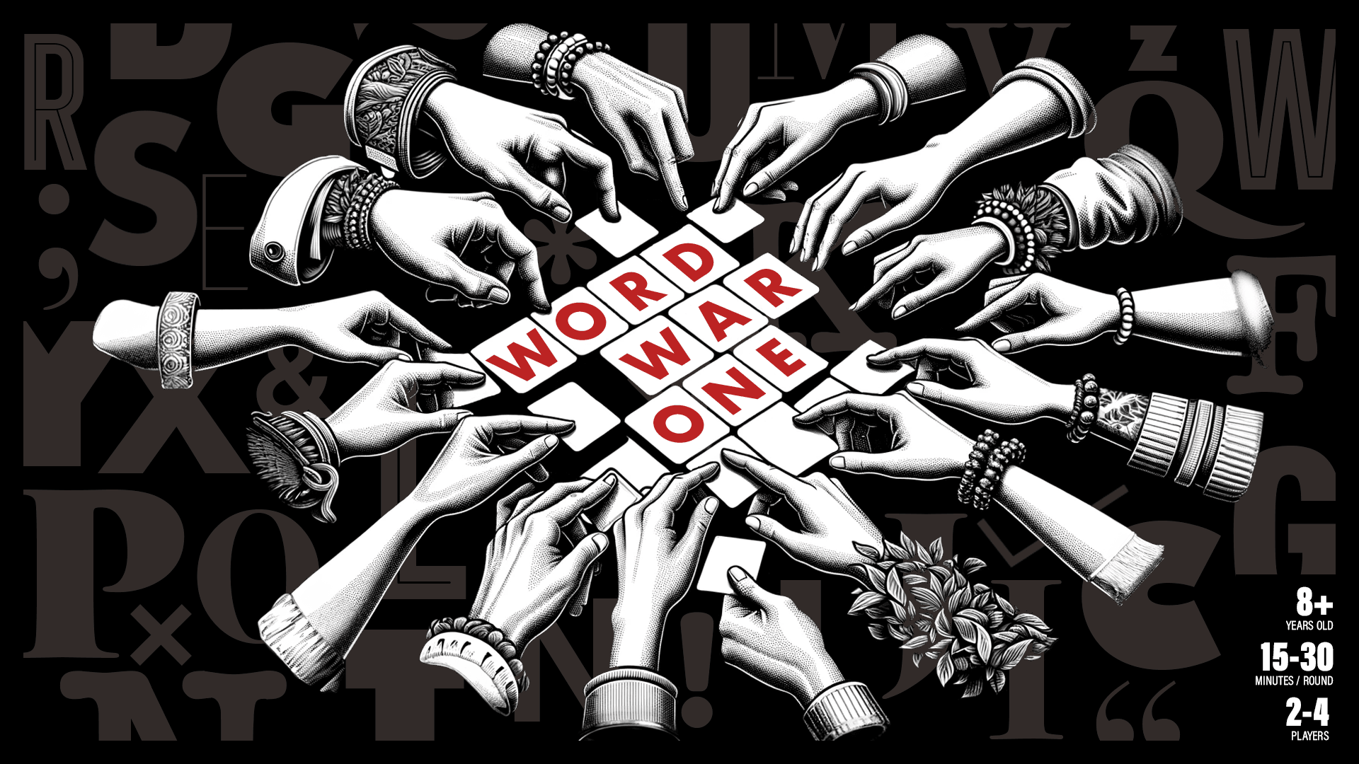 Word War One game artwork showing multiple hands reaching toward letter tiles spelling out the game title