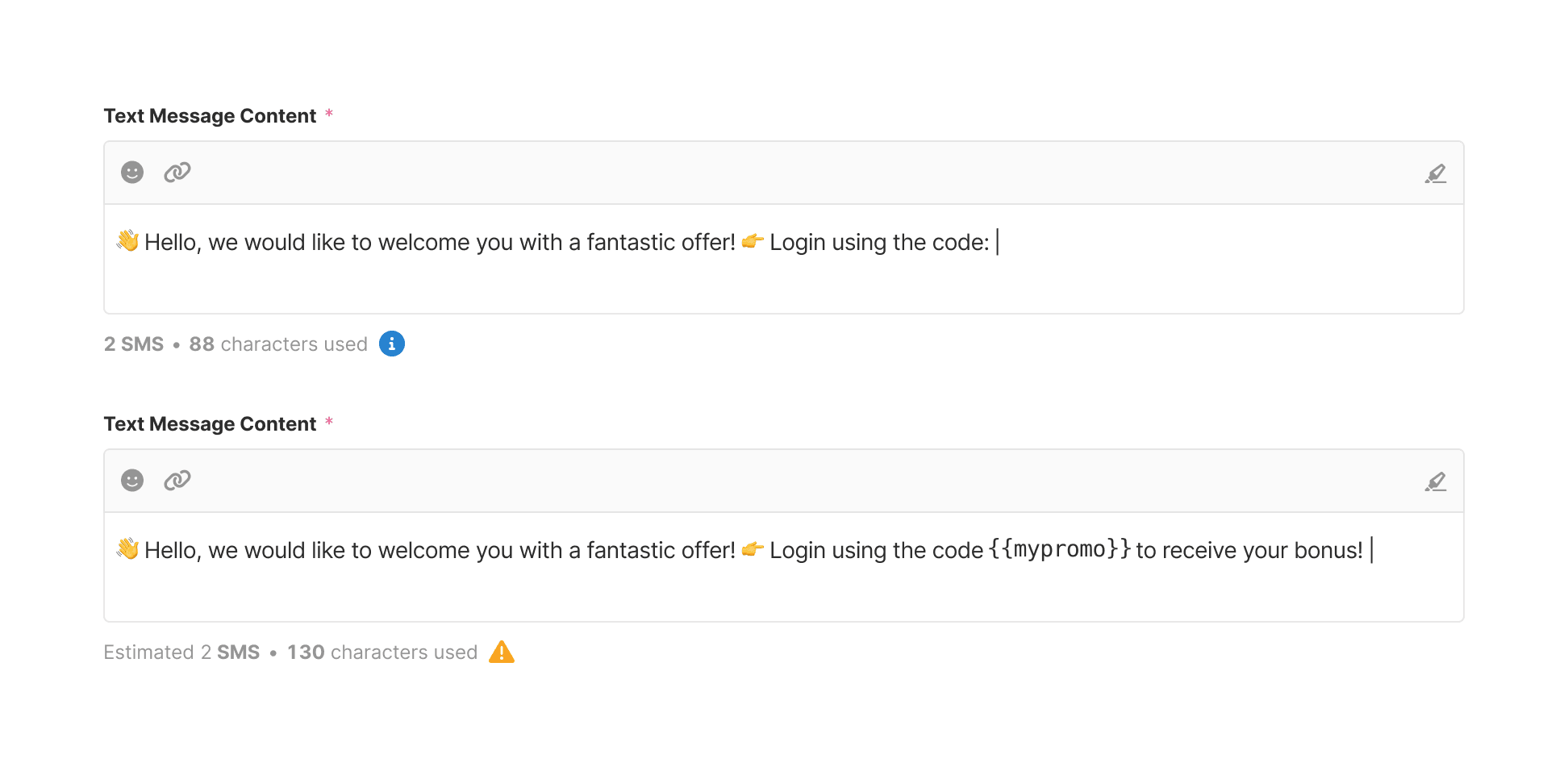 Real-time character counting comparison: top shows exact count (88 chars, blue info), bottom shows estimated count with variable (130 chars, yellow warning)
