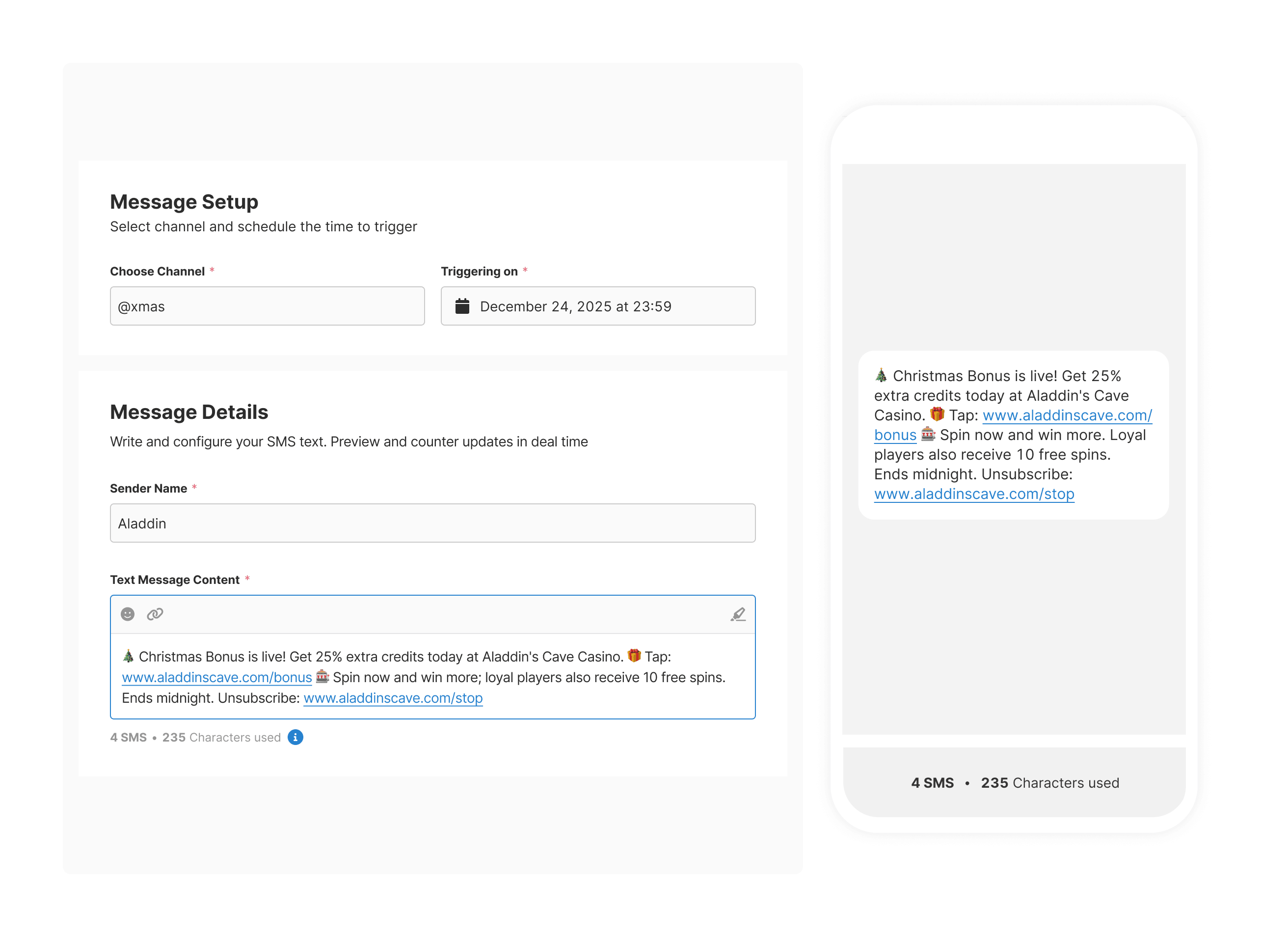 Full SMS composer interface with message setup, text content with emojis, and real-time mobile device preview showing 4 SMS at 235 characters
