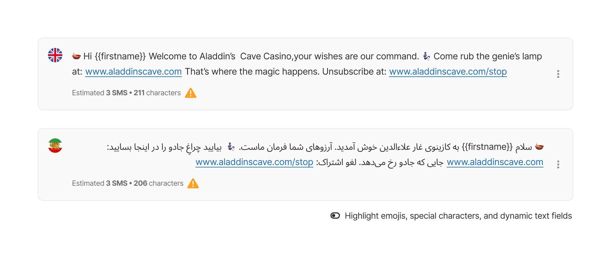 Message preview interface with highlight toggle in OFF state, showing clean English and properly-rendered RTL Farsi messages