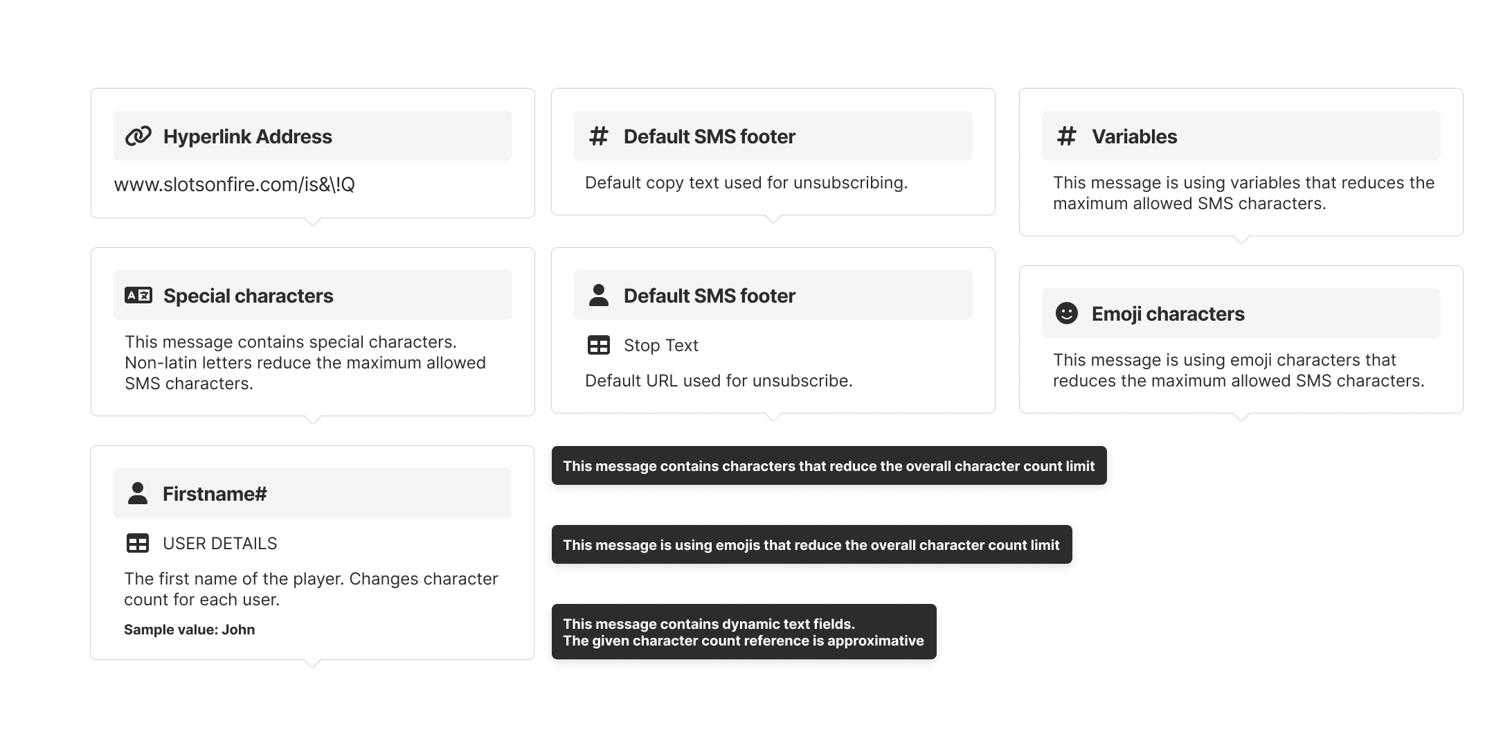 Comprehensive tooltip documentation showing all variable types: Hyperlink Address, Default SMS footer, Variables, Special characters, Emoji characters, Firstname with sample values, and warning message examples