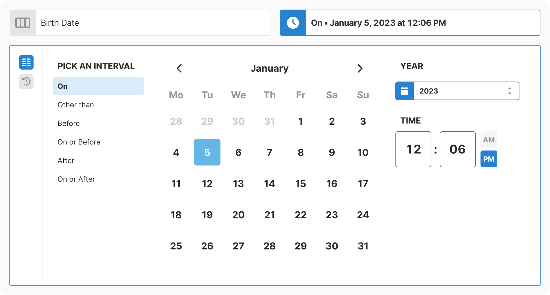 Full calendar widget for precise date and time selection