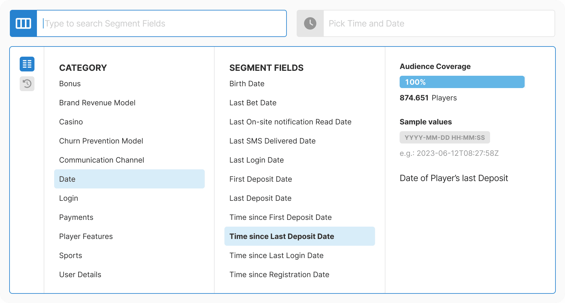 Date category selected showing date-specific fields