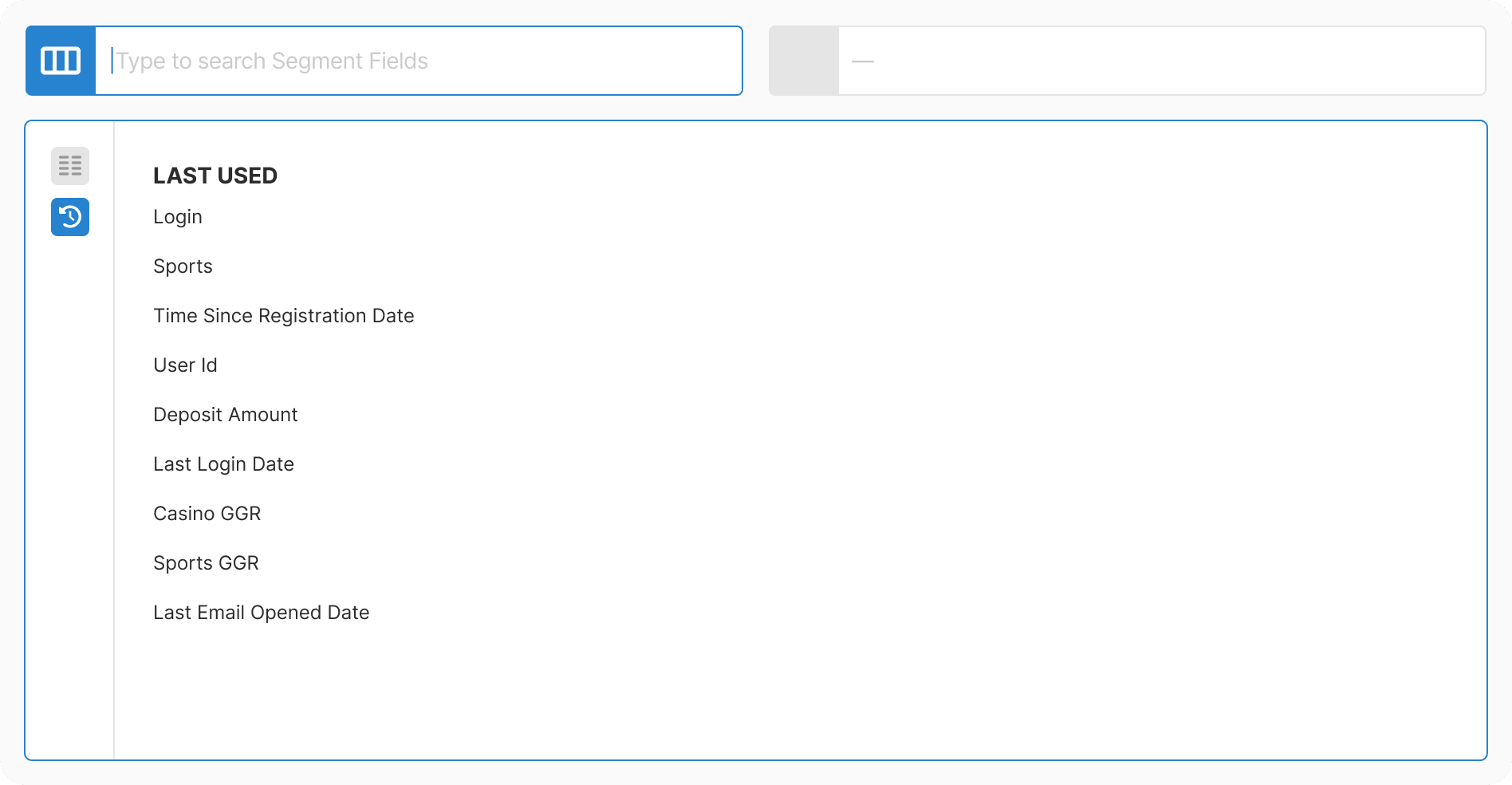 Empty state showing recently used field suggestions