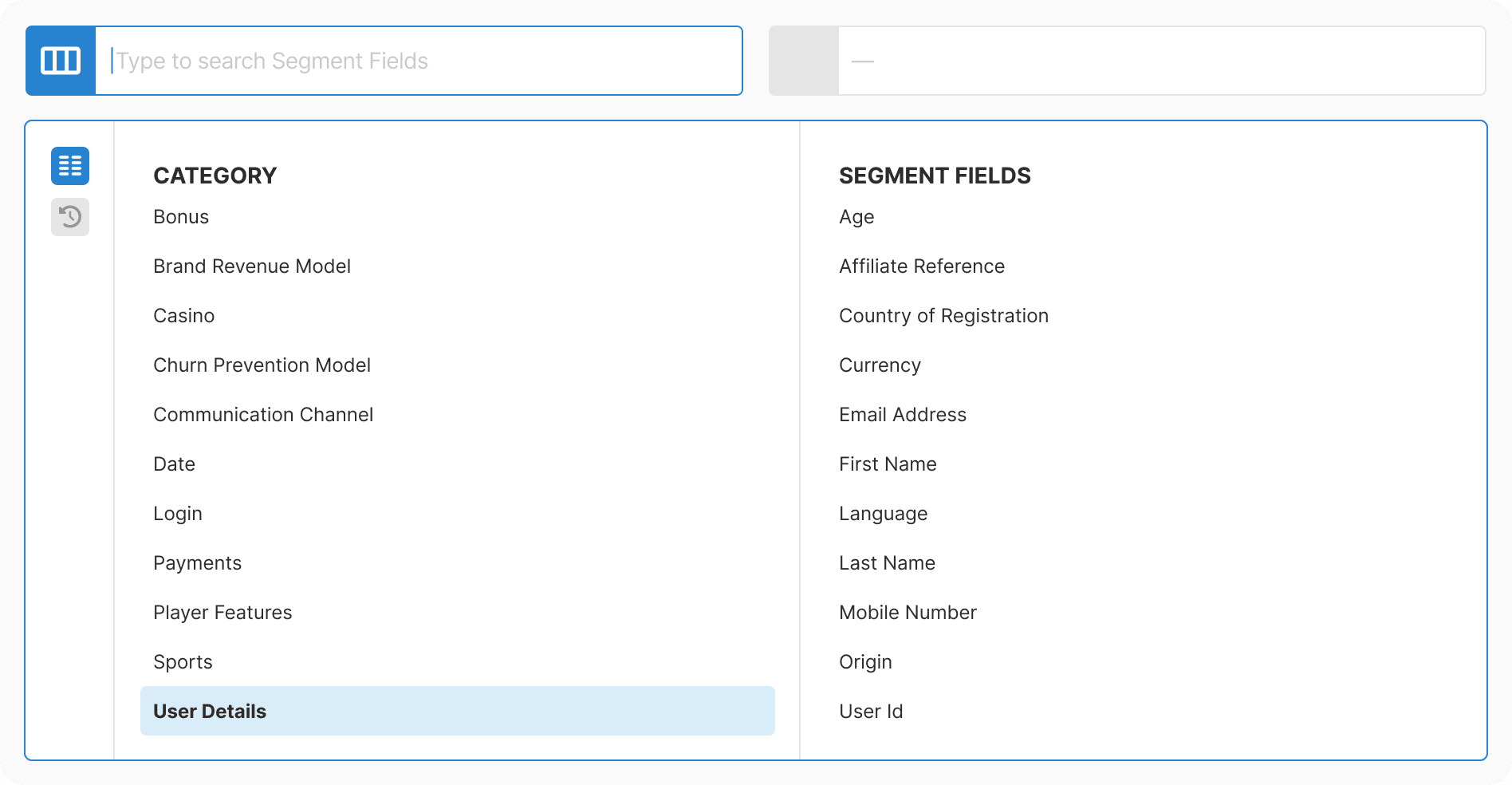 Category selected with alphabetized field list