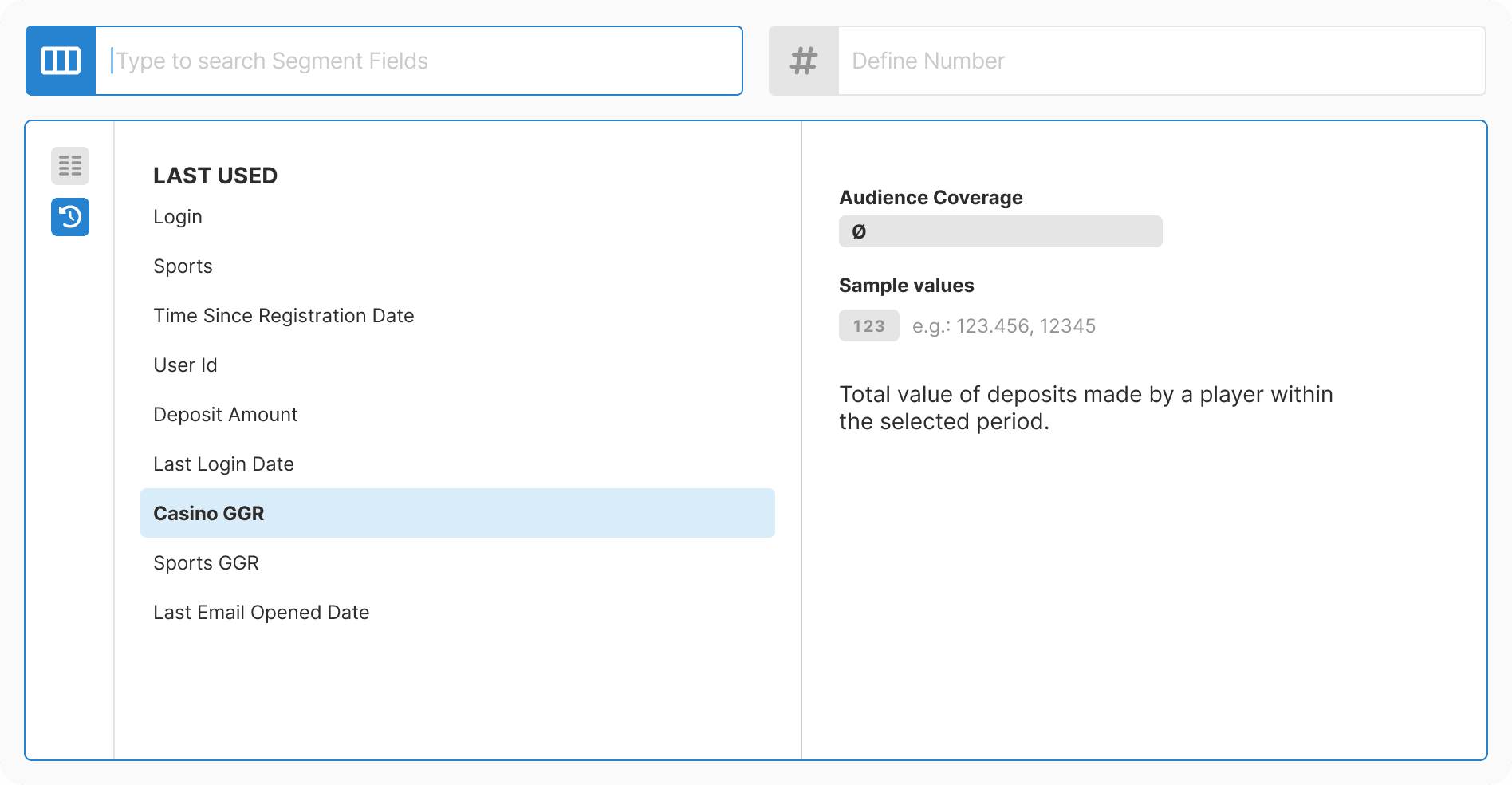 Recently used field selected with metadata panel visible