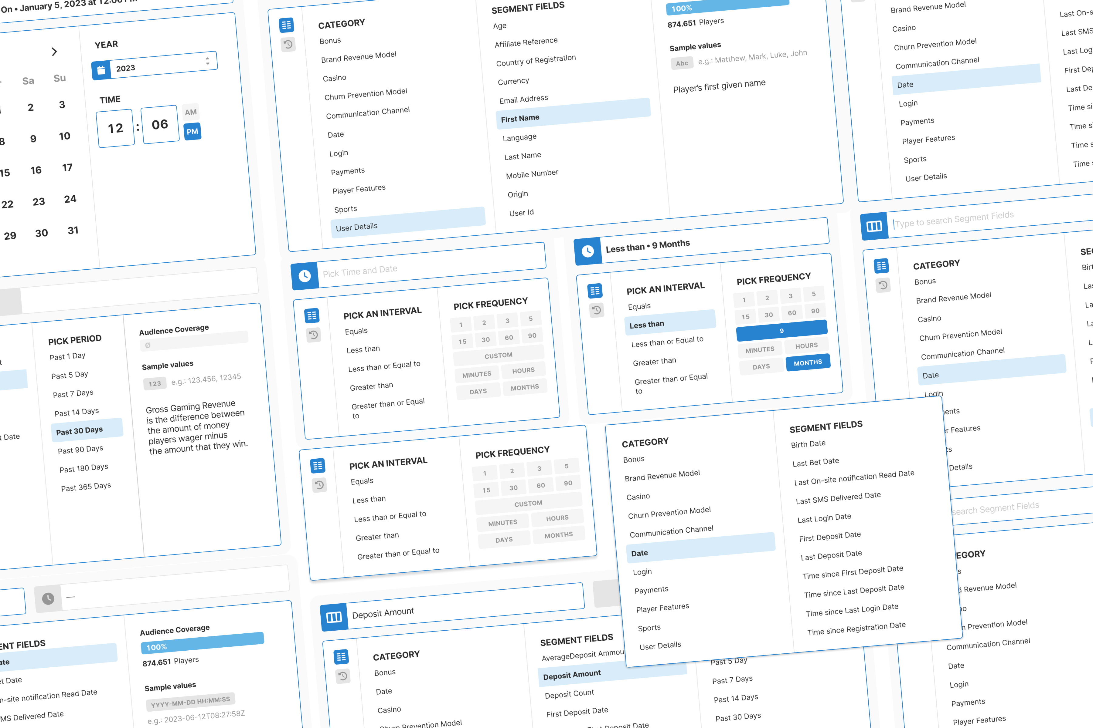 Advanced dropdown builder interface showing category selection and field metadata