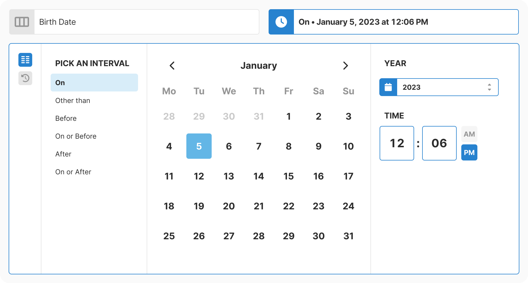 Full calendar widget for precise date and time selection