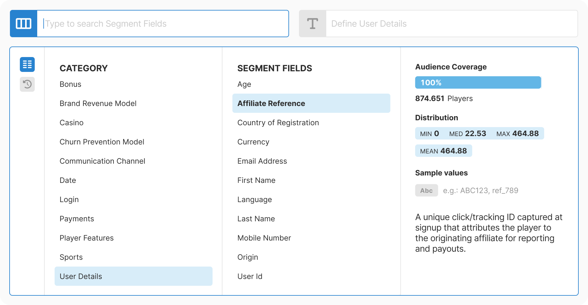 Different field showing distribution stats and sample values