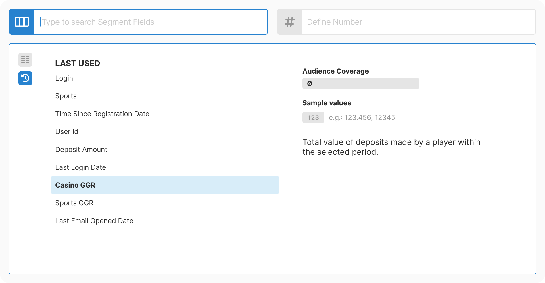 Recently used field selected with metadata panel visible