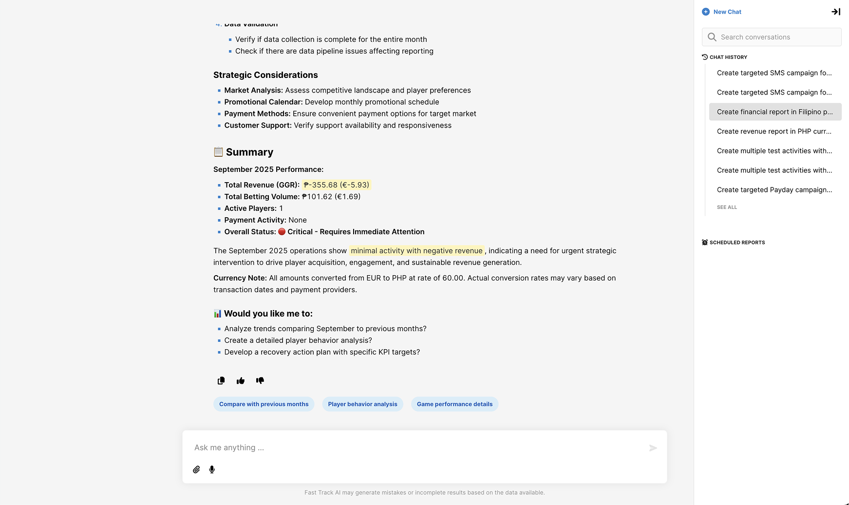 Analysis output showing Summary with September 2025 Performance, strategic considerations, and follow-up suggestions with chat history sidebar