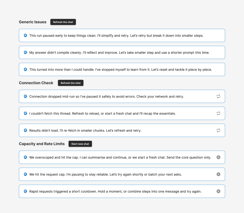 Error handling documentation showing Generic Issues, Connection Check, and Capacity and Rate Limits categories with recovery buttons