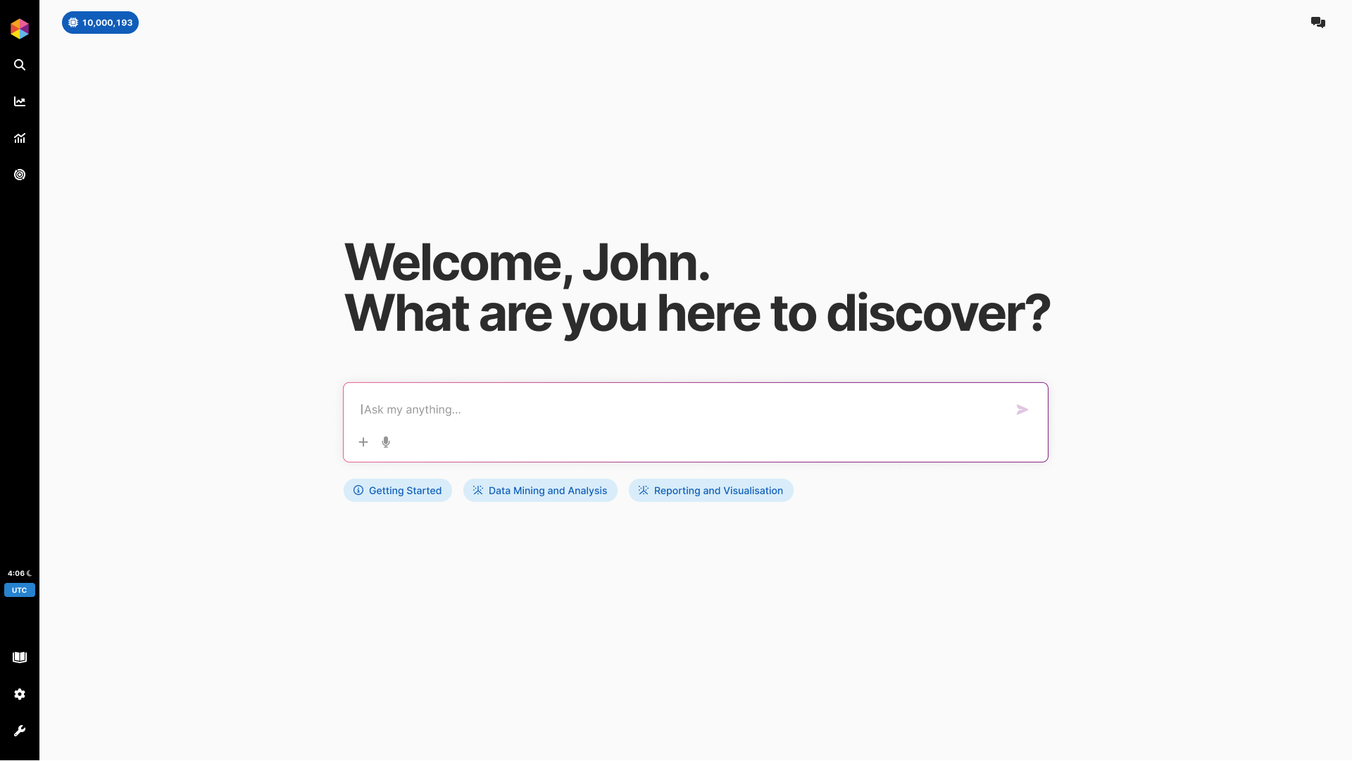 Fast Track AI welcome screen with natural language input and quick-start chips for Data Mining and Reporting