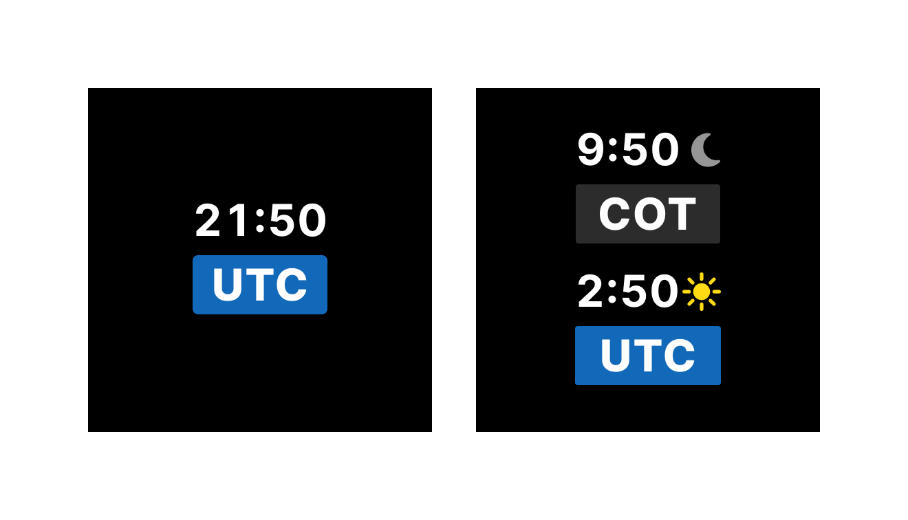 Sidebar showing both system and local time with color coding