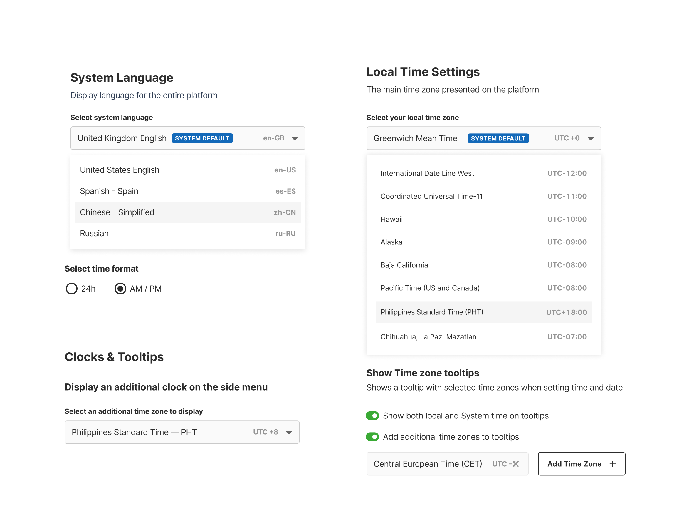 Localization settings interface showing language and timezone configuration options