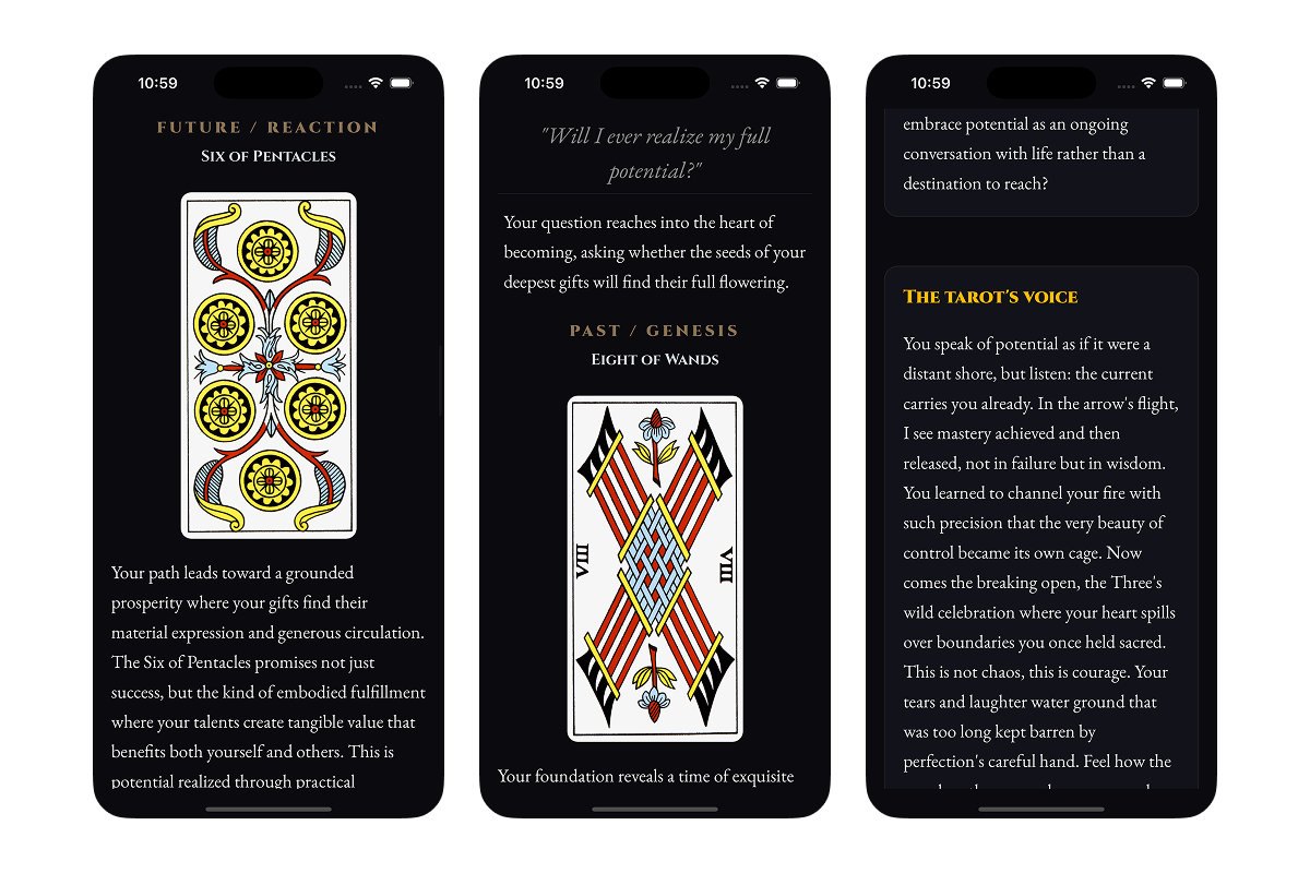 Three-card spread reading showing individual card analyses and synthesis text