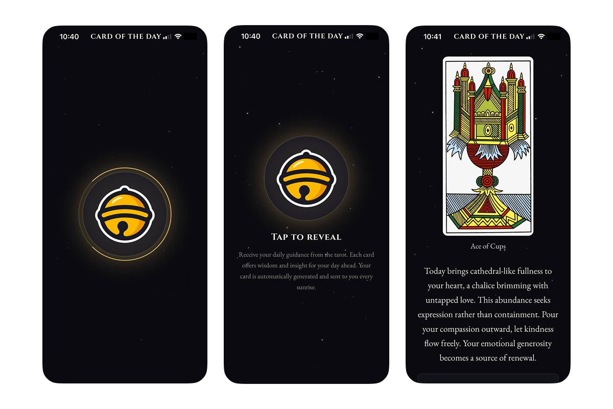 Card of the Day screen showing a single revealed tarot card with interpretation text against a nebula background