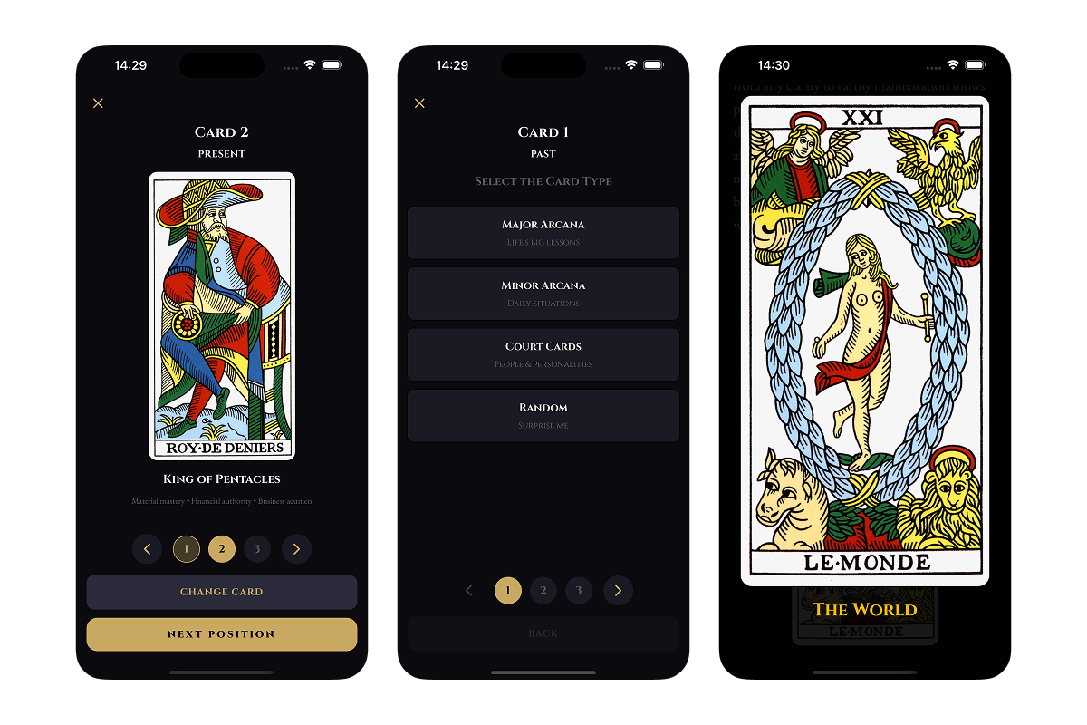 Fate mode showing random draw and Study mode showing manual card selection