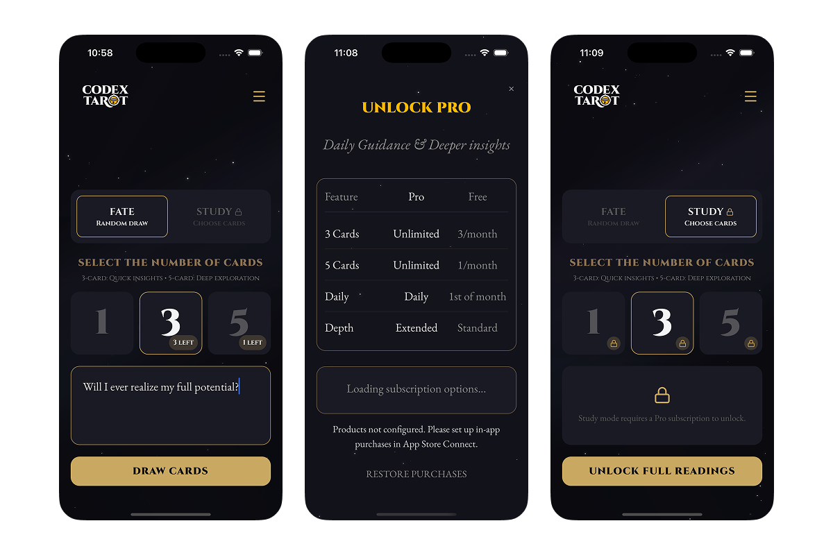 Custom paywall screen showing Pro tier benefits with cosmic background