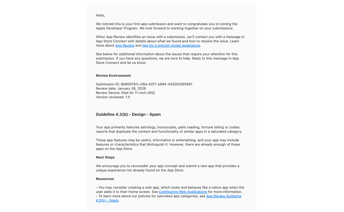 App Store rejection notice and the revised app description emphasizing meditation and visual archetypes