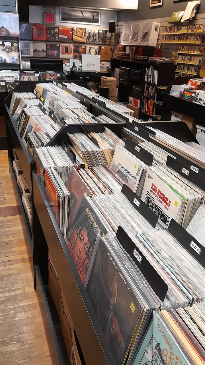 Record crates in a shop during a digging session