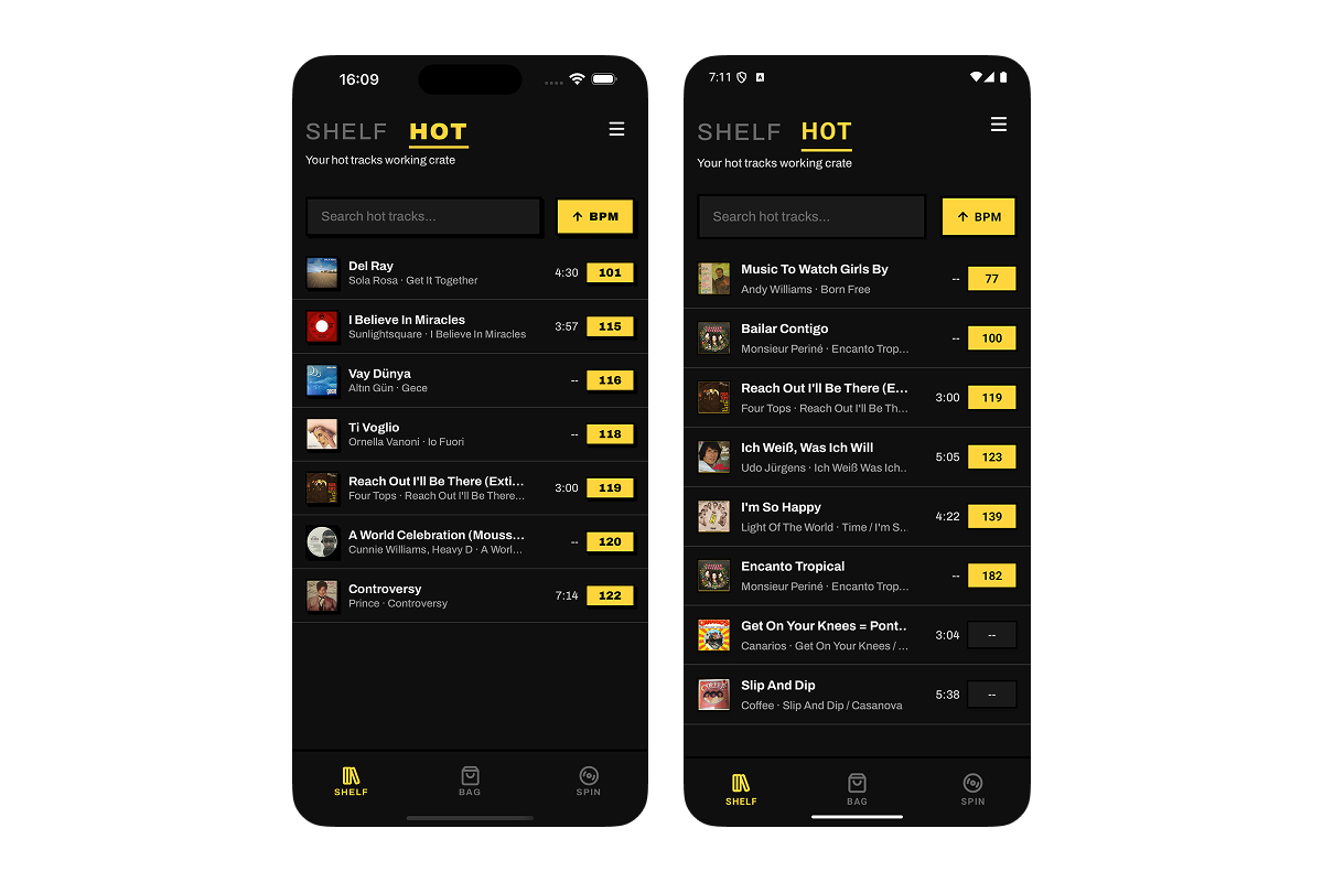 HOT tracks list showing favorited tracks with BPM sorting