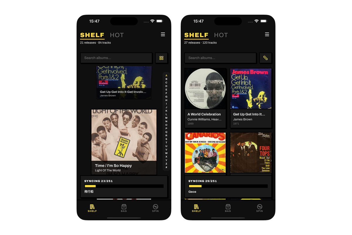 Side-by-side comparison of grid view and cover-flow digging mode