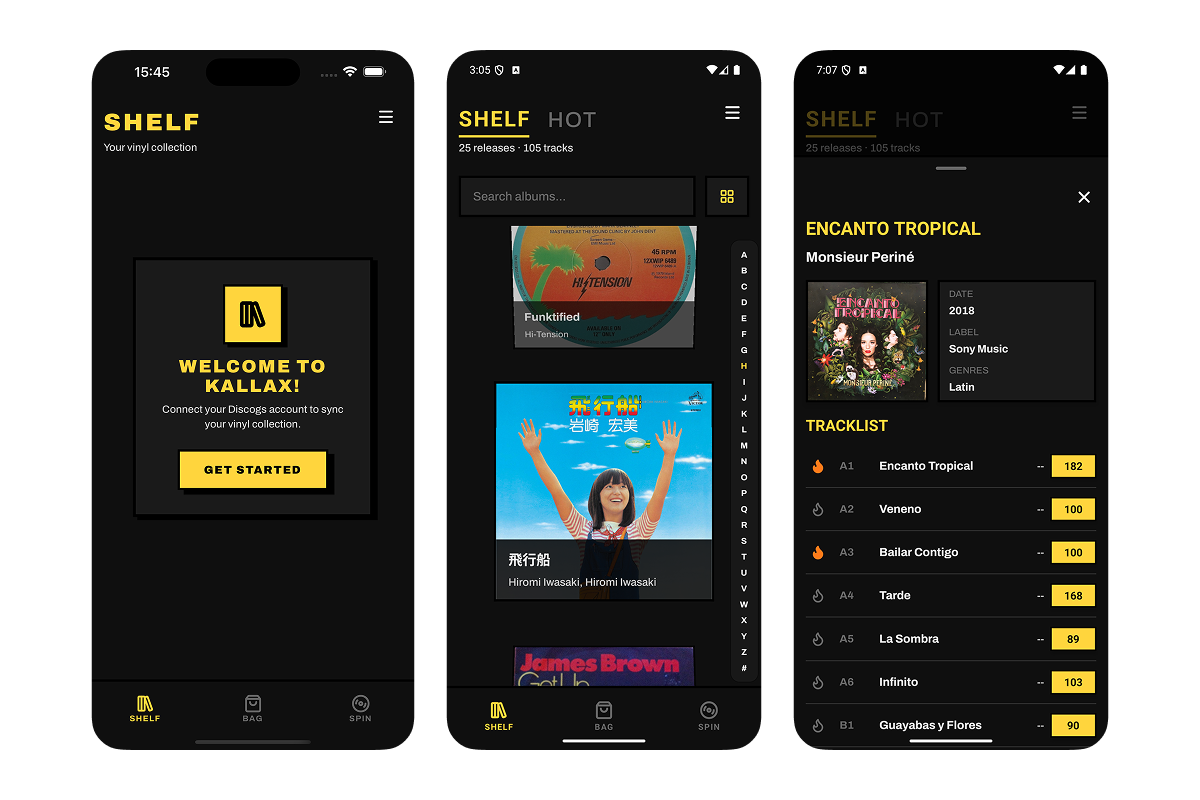 Kallax onboarding welcome screen, collection grid view, and album detail with tracklist