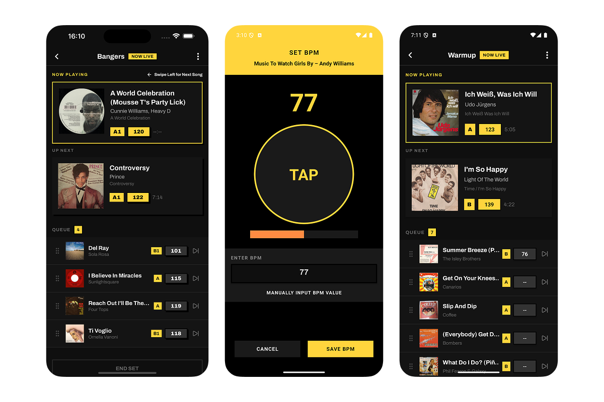 Kallax Live Mode showing Now Playing track, tap-tempo BPM interface, and queue view