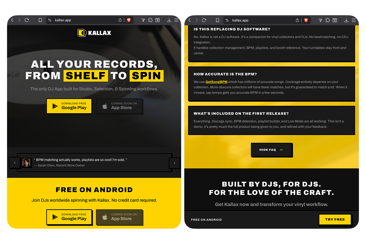 Kallax marketing website showing app screenshots and store download badges