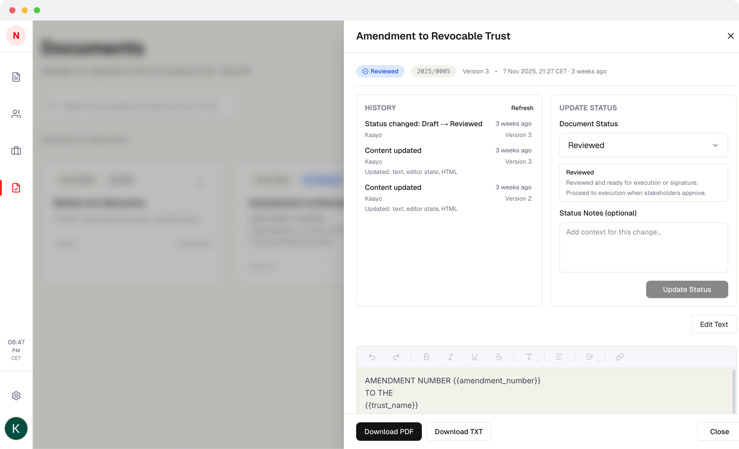 Document detail panel showing version history and status management