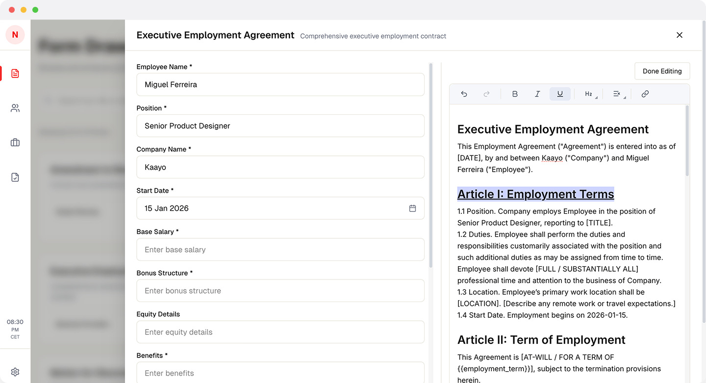 Professional text editor showing employment agreement with variable substitution