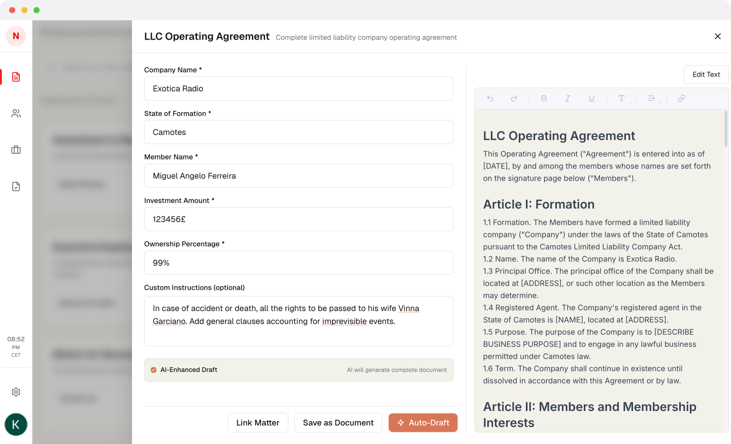 Employment agreement form with variable fields populated